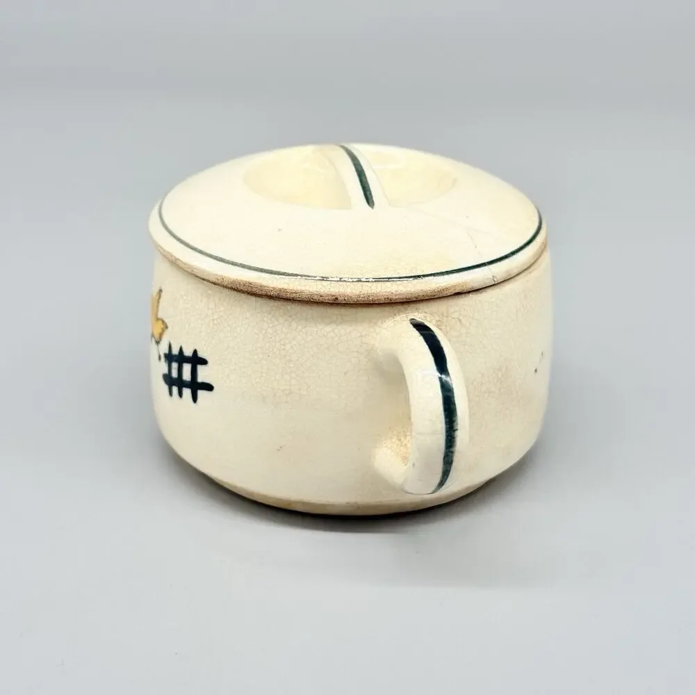 Vintage Stoneware Sugar Bowl With Lid & Handles Bird Design Cream Green Yellow